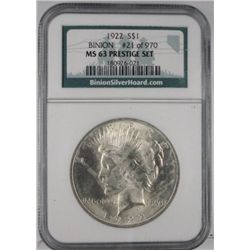1922  Peace $  BINION  #21 of 970  NGC63 PRESTIGE SET  est $60-$70
