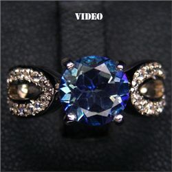 WHITE GOLD PLATED BLUE TOPAZ AND STERLING SILVER RING - SIZE 4.75 - 19.4 CTS
