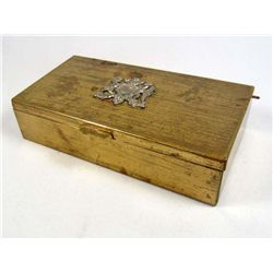 VINTAGE BRASS CIGAR BOX W/ COAT OF ARMS OF CHILE ON COVER