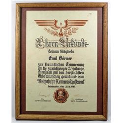FRAMED GERMAN NAZI RAILWAY 25 YEAR SERVICE DOCUMENT