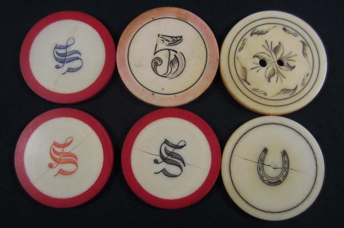 LOT OF 6 OLD WEST 1800'S IVORY COWBOY ERA GAMBLING POKER CHIPS