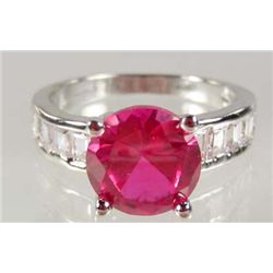 908 - WHITE GOLD PLATED RUBY & WHITE TOPAZ RING