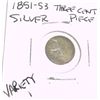 Image 1 : 1851-53 SILVER THREE CENT PIECE VARIETY 1 RED BOOK VALUE IS MINIMUM $28.00 *EXTREMELY RARE U.S. COIN