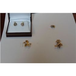 2 PAIRS SYNTHETIC EARRINGS & 2 DOG PINS
