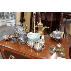 ASSORTED METAL TEA POTS AND CUPS