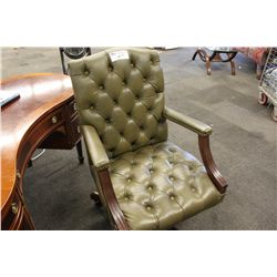 OLIVE GREEN LEATHER EXECUTIVE CHAIR WITH WOOD