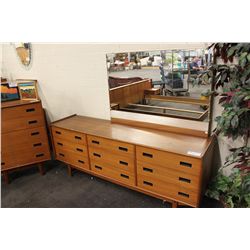 TEAK 9 DRAWER CONSOLE DRESSOR WITH 3/4 MIRROR