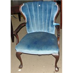 Antique blue valour upholstered fan back arm chair