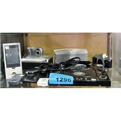 Shelf lot of misc electronics; speaker sets, mini