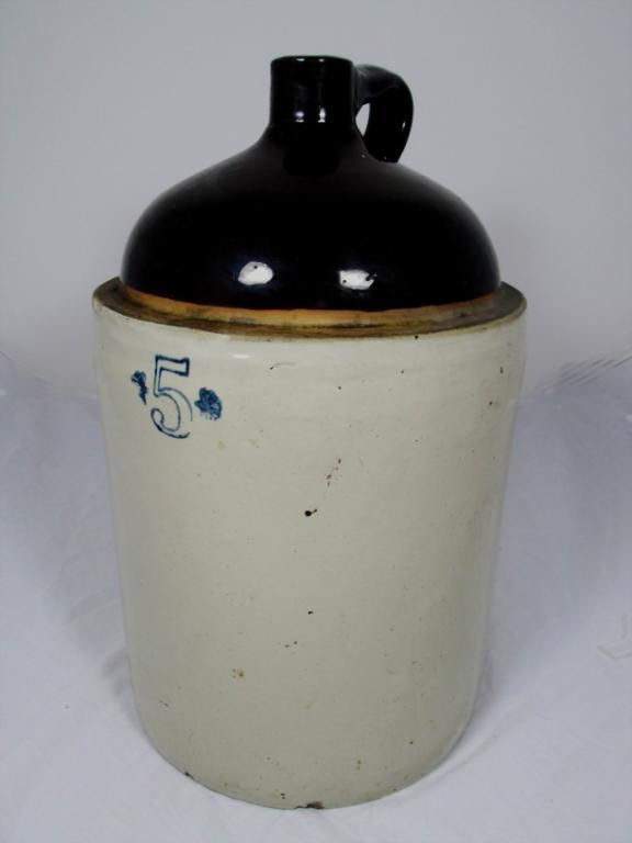 Vintage 5 Gallon Brown & White Stoneware Crock Jug