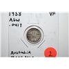 Image 1 : 1938 Australia Three Pence Foreign Coin; VF; .0419 ASW; EST. $7-10