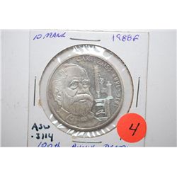 1988-F German 10 Deutsche Mark Foreign Coin; 100th Anniversary Death Carl Zeiss; .3114 ASW; EST. $10