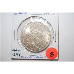 1972-G German 10 Deutsche Mark Foreign Coin; Munich Olympics; .3114 ASW; EST. $10-25
