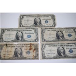 1935-E US Silver Certificate $1; Blue Seal; Lot of 5; EST. $10-20