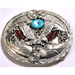 Navajo Coral & Turquoise Sterling Silver Flying Bird Buckle - Allen Chee