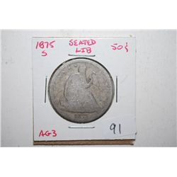 1875-S Seated Liberty Half Dollar; AG3; EST. $30-40