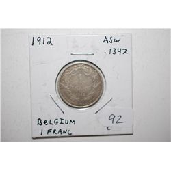 1912 Belgium 1 Franc Foreign Coin; .1342 ASW; EST. $6-10