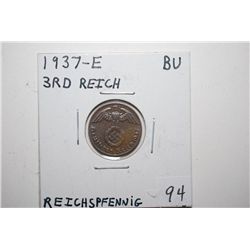 1937-E German 1 Reichspfennig Foreign Coin With Flying Eagle Holding Swatstika; BU; EST. $10-20