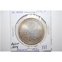 1972-F German 10 Deutsche Mark Foreign Coin; Olympic Flame; .3114 ASW; EST. $10-20