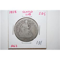 1858 Seated Liberty Half Dollar; AG3; EST. $30-40