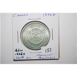 1973-G German 5 Deutsche Mark Foreign Coin; 125th Anniversary Frankfurt Parliament; .2250 ASW; EST. 