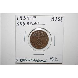 1939-F German 2 Reichspfennig Foreign Coin With Flying Eagle Holding Swatstika; AU58; EST. $5-10