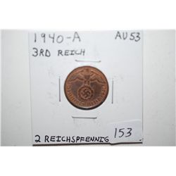 1940-A German 2 Reichspfennig Foreign Coin With Flying Eagle Holding Swatstika; AU53; EST. $5-10