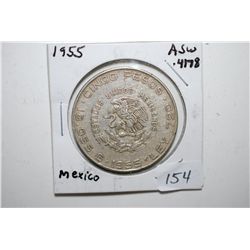 1955 Mexico Cinco (5) Pesos Foreign Coin; Libertad; 0.720 Ley .4178 ASW; EST. $15-25