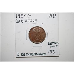 1939-G German 2 Reichspfennig Foreign Coin With Flying Eagle Holding Swatstika; AU Better Date; EST.