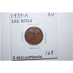 1939-A German 2 Reichspfennig Foreign Coin With Flying Eagle Holding Swatstika; AU; EST. $5-15