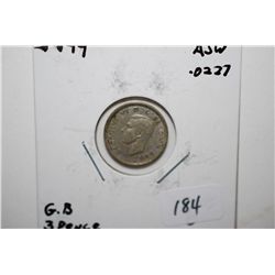 1944 Great Britain Three Pence Foreign Coin; .0227 ASW; EST. $5-15