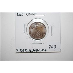 1938-D German 2 Reichspfennig Foreign Coin With Flying Eagle Holding Swatstika; BU; EST. $10-20