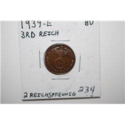 1939-E German 2 Reichspfennig Foreign Coin With Flying Eagle Holding Swatstika; BU; EST. $10-15