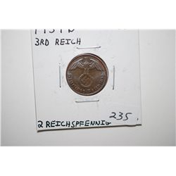 1939-D German 2 Reichspfennig Foreign Coin With Flying Eagle Holding Swatstika; BU; EST. $10-15