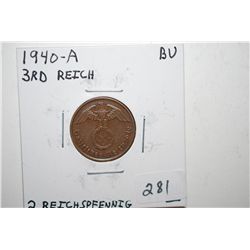 1940-A German 2 Reichspfennig Foreign Coin With Flying Eagle Holding Swatstika; BU; EST. $10-20