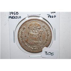 1958 Mexico Un Peso Foreign Coin; 0.720 Ley; EST. $5-10