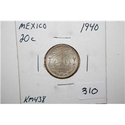 1940-M Mexico 20 Centavos Foreign Coin; .0772 Oz.; EST. $3-6