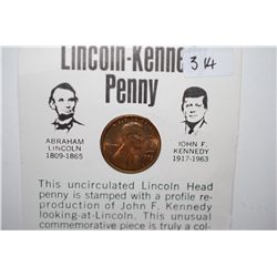 1973 Lincoln Penny With Kennedy Profile Imprinted On Front Of Coin With History; EST. $5-10