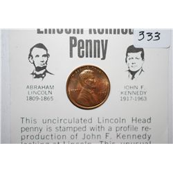 1973 Lincoln Penny With Kennedy Profile Imprinted On Front Of Coin With History; EST. $5-10