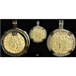 Lima, Peru, cob 8 escudos, 1711M, from the 1715 Fleet, mounted in a high-end gold-and-diamond bezel