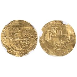 Toledo, Spain, cob 1 escudo, Philip II, assayer M to right, mintmark T to left, encapsulated NGC XF