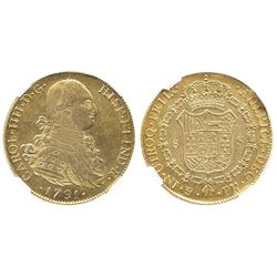 Potosi, Bolivia, bust 8 escudos, Charles III, 1791PR, non-laureate bust, rare (missing in Eliasberg)