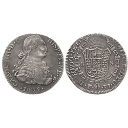 Contemporary counterfeit in platinum of a Potosi, Bolivia, bust 8 escudos, Charles IV, 1804PJ, very