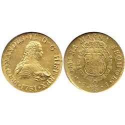 Santiago, Chile, bust 8 escudos, Ferdinand VI, 1751J, from the Luz (1752), encapsulated NGC MS 63.