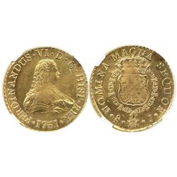 Santiago, Chile, bust 8 escudos, Ferdinand VI, 1751J, from the Luz (1752), encapsulated NGC UNC deta