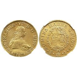 Santiago, Chile, bust 8 escudos, Ferdinand VI, 1751J, from the Luz (1752), encapsulated NGC UNC deta