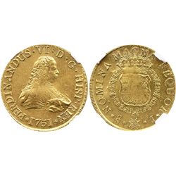 Santiago, Chile, bust 8 escudos, Ferdinand VI, 1751J, from the Luz (1752), encapsulated NGC MS 61.