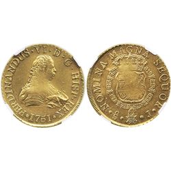 Santiago, Chile, bust 8 escudos, Ferdinand VI, 1751J, from the Luz (1752), encapsulated NGC AU 58.
