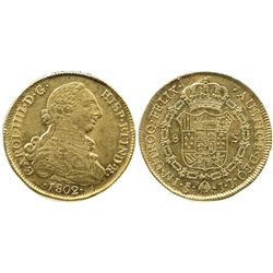 Santiago, Chile, bust 8 escudos, Charles IV (bust of Charles III), 1802JJ.