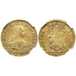 Santiago, Chile, bust 4 escudos, Ferdinand VI, 1749J, from the Luz (1752), encapsulated NGC AU 58.